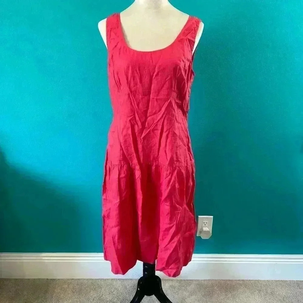 Talbots Womens Coral Linen Tiered Sleeveless Scoop Neck Midi Dress Size 10